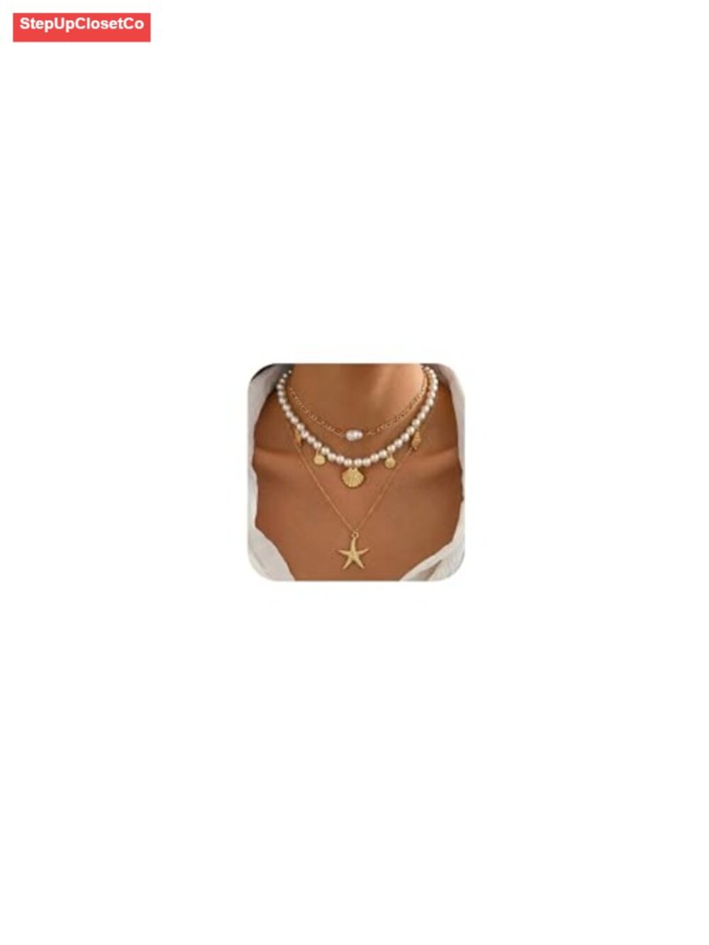 Layered Shell Starfish Necklace Set - Gold Plated Boho Beach Pendant with Pearls